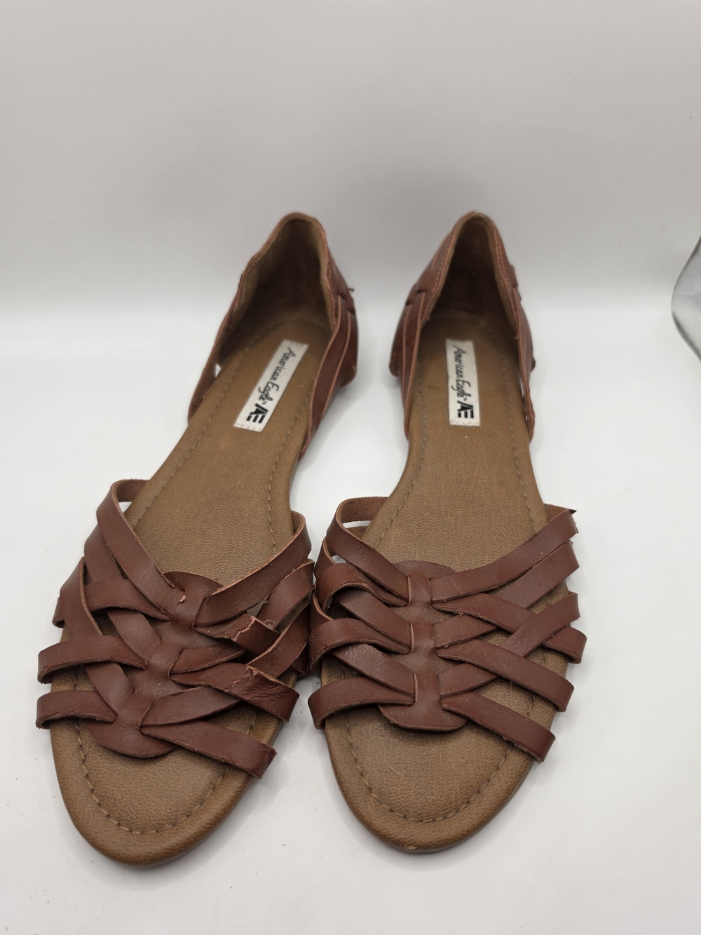 American Eagle Strappy Cognac Tan Woven Huarache Flat Sandals Size 8.5